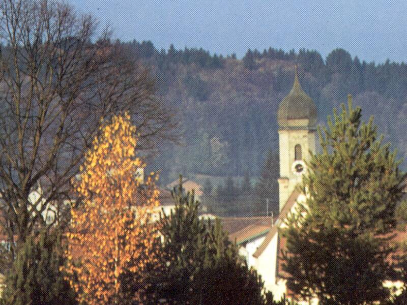 Historisches Bild Egling - Bäume im Herbst, Kirchturm im Hintergrund